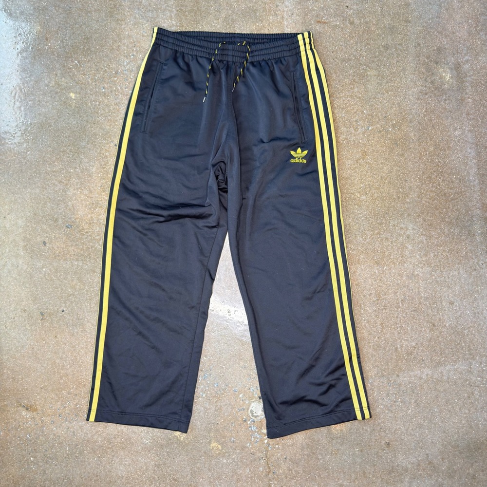 Adidas Mens Track Pants Size Medium Black Yellow 3 Stripe Trefoil Straight Leg
